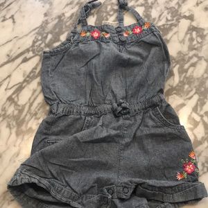 6/$15 blue jean romper with hot pink flowers